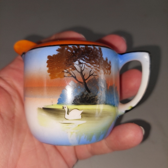 VTG Noritake Lusterware Creamer Swan Lake Tree Orange Black Blue 2.25 inch - Picture 3 of 8